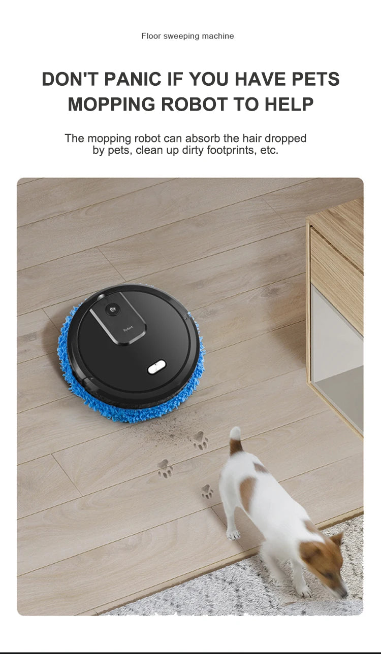 R.E.D. Shopping smart sweeping and mop robot with humidifying spray cleaning a tiled floor automatically.
