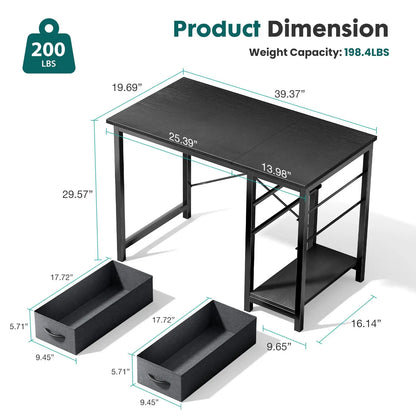 JHK Computer Desk with 2 Fabric Drawers | 40" & 47" Reversible Storage