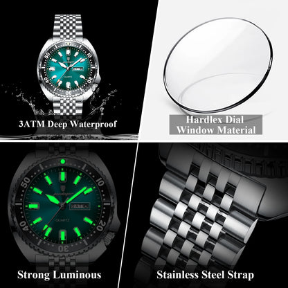 POEDAGAR Luxury Men's Quartz Watch – Date, Week, Luminous & Waterproof Stainless Steel