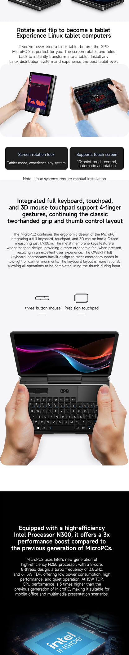 GPD MicroPC 2 2025 – 7" Mini Laptop, Intel i3-N300, 16GB DDR5, up to 4TB SSD, Windows 11 Pro