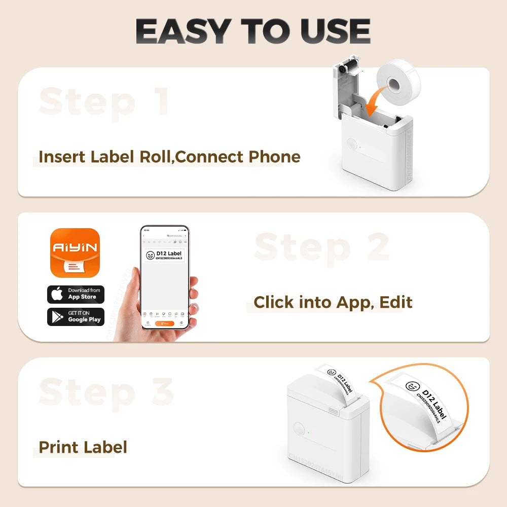 UniPlus D12 Mini Bluetooth Thermal Label Printer – Inkless, Self-Adhesive, iOS/Android