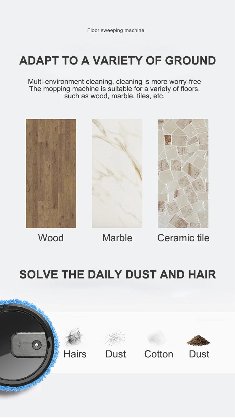 R.E.D. Shopping smart sweeping and mop robot with humidifying spray cleaning a hardwood floor automatically.
