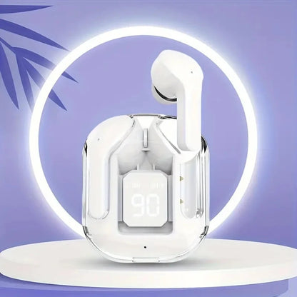 R.E.D. Shopping T2 wireless Bluetooth earphones with transparent design, LED display, and 24-hour battery life, ideal for audio.