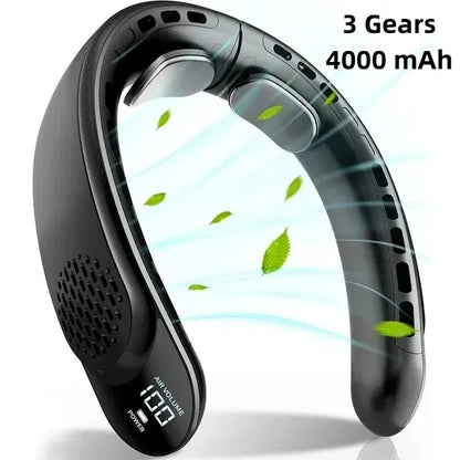 Leafless Portable Neck Fan 4000mAh — 3-Speed, Digital Display, Super Strong Wind, Fast Cooling