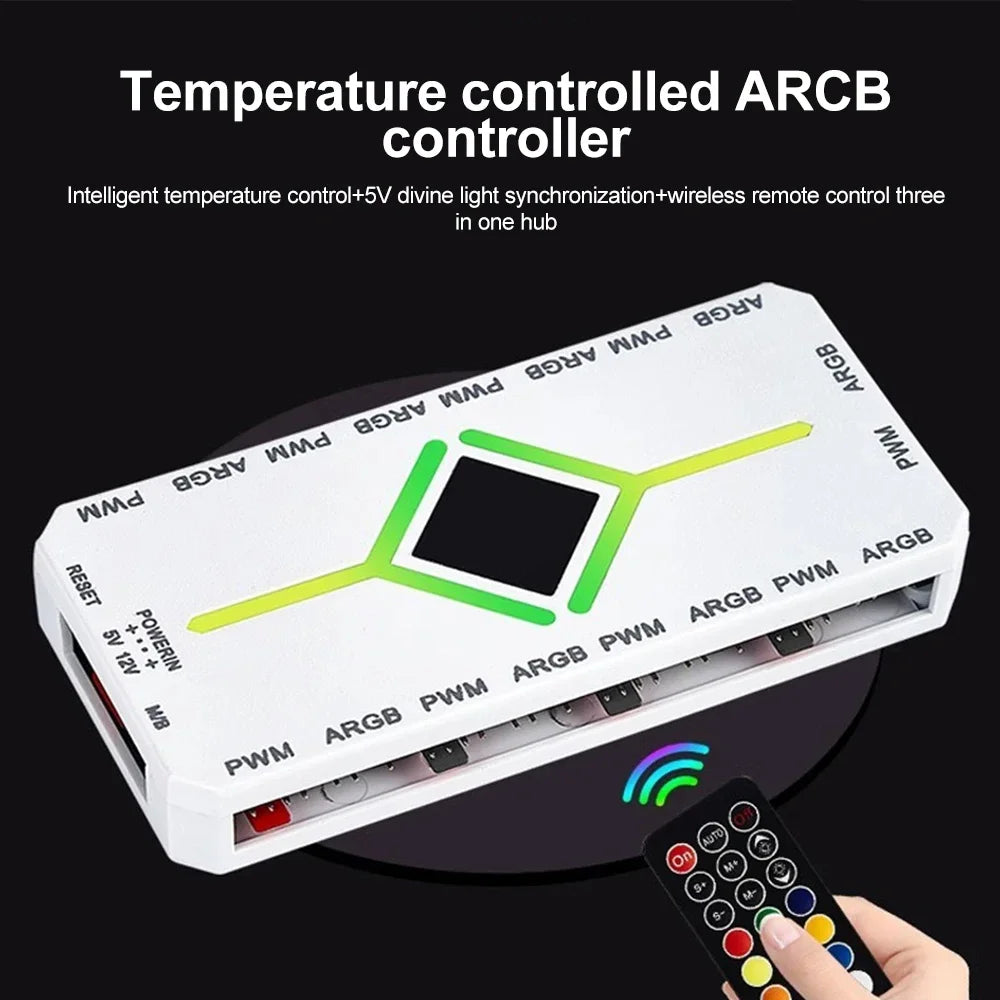 9-Port ARGB PWM Fan Hub – 3-Pin ARGB + 4-Pin PWM, Magnetic Mount, Remote Control, 12V/5V, Black/White