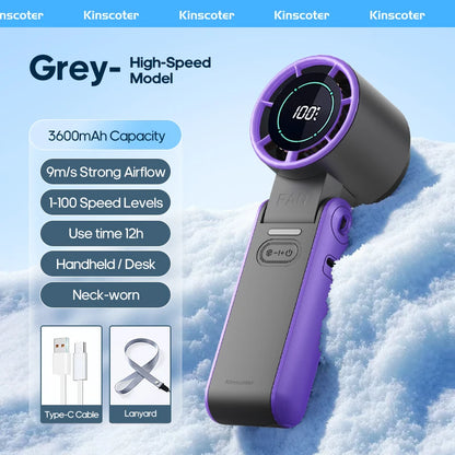 KINSCOTER Foldable Handheld Fan – 3600mAh, 100-Speed, Ice Cooling