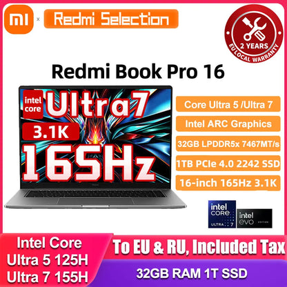 Xiaomi RedmiBook Pro 16 – Intel Core Ultra 5/7, ARC Graphics, 32GB DDR5, 1TB SSD, 3.1K 165Hz