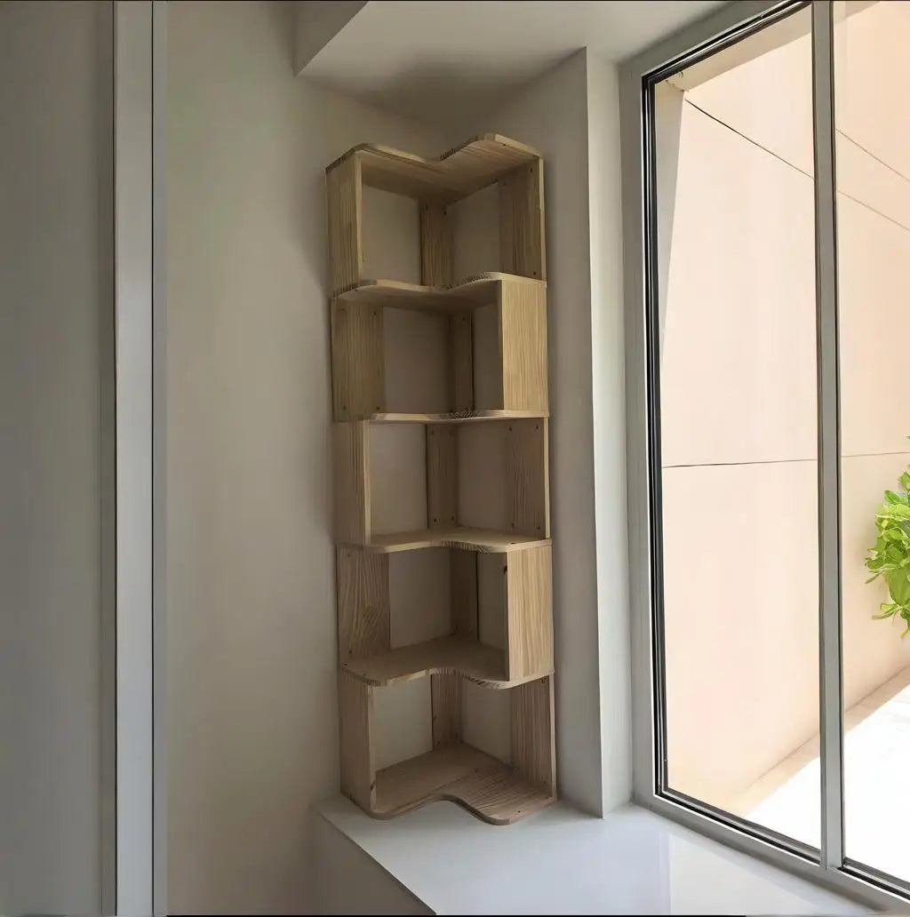 Solid wood corner bookshelf rack by R.E.D. Shopping with multiple shelves for home living room storage and organization.