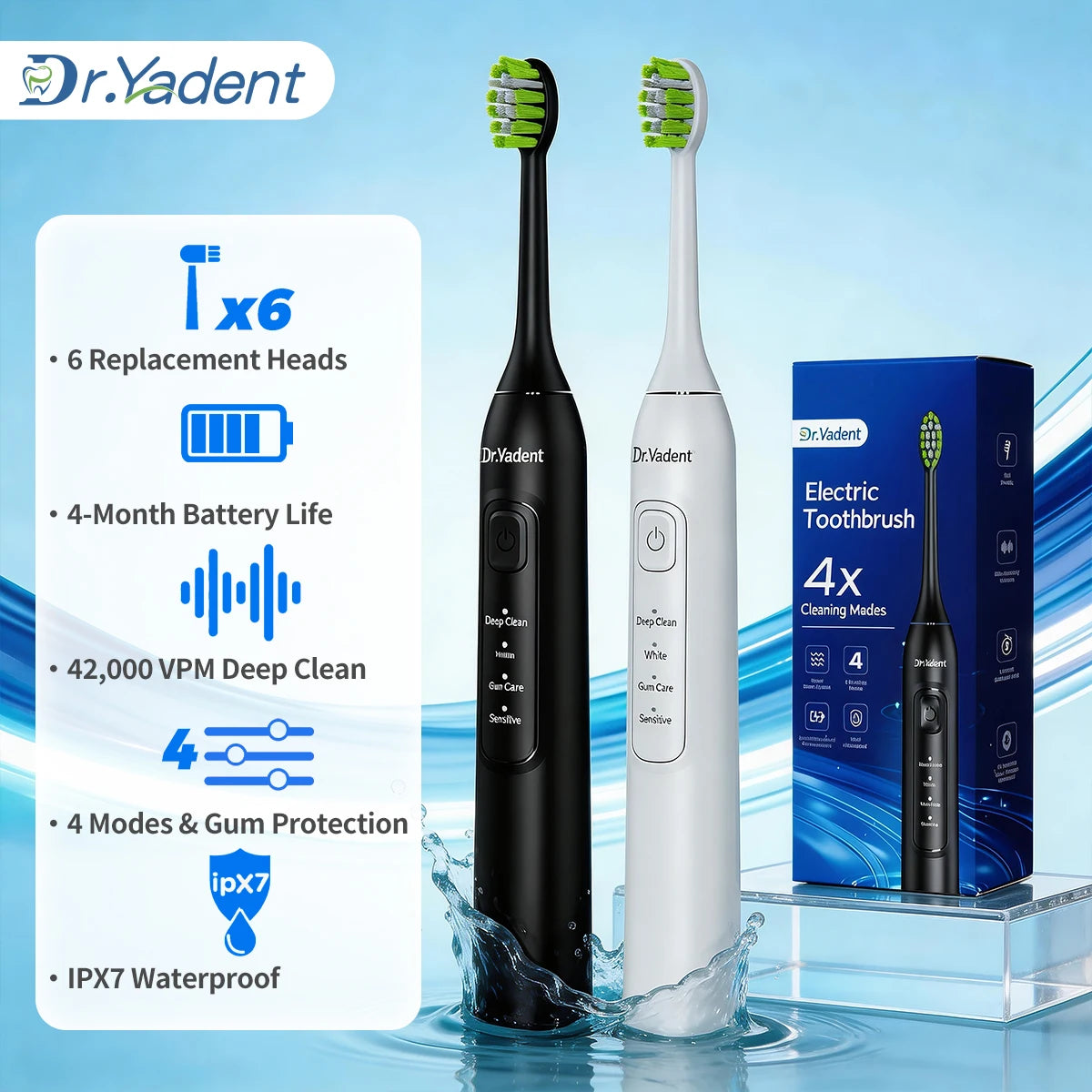 DrYadent YD05 Sonic Toothbrush – 6 Brush Heads, 4 Modes, 30-Day Battery