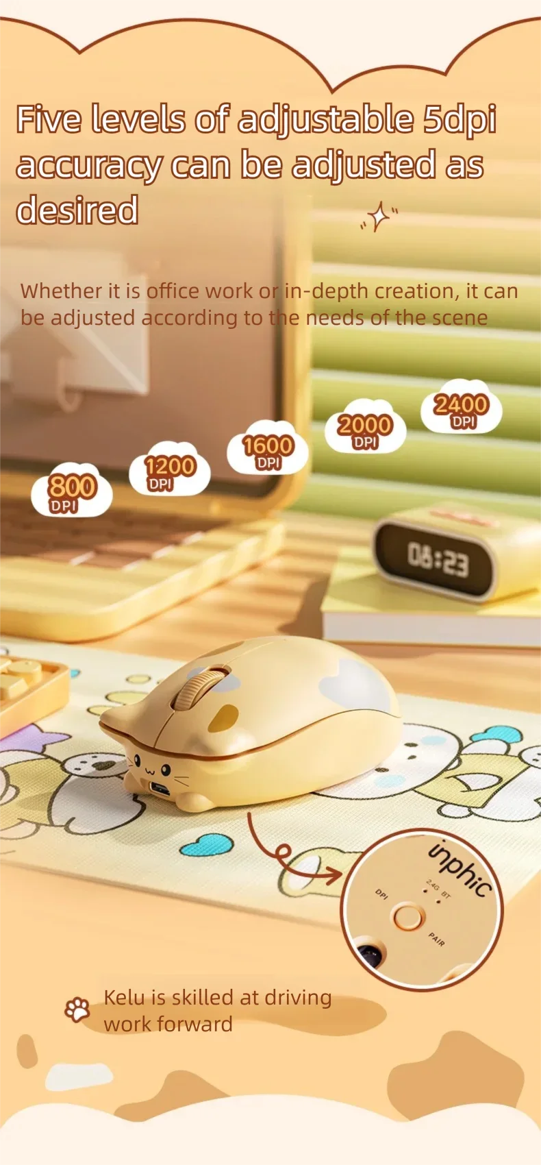 INPHIC Kalo Cute Cat Bluetooth Wireless Mouse – Silent, 2400 DPI, Rechargeable, for PC & iPad