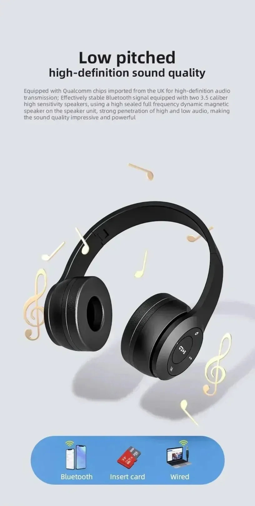 Wireless Bluetooth 5.0 foldable headset with head-mounted design, compatible with TF cards and wired connection, by R.E.D. Shopping.