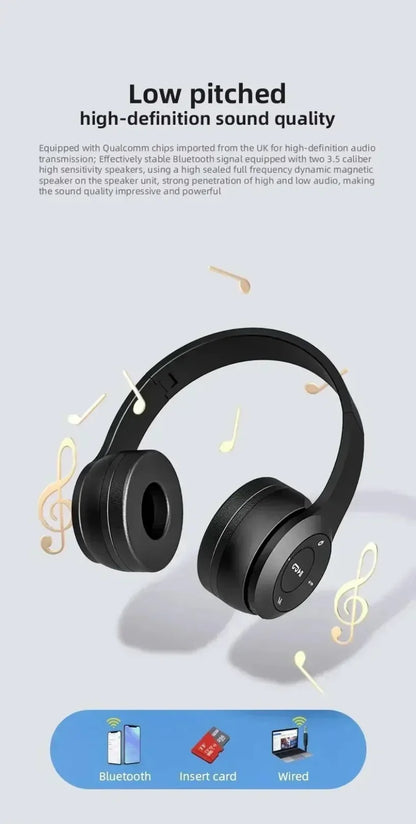 Wireless Bluetooth 5.0 foldable headset with head-mounted design, compatible with TF cards and wired connection, by R.E.D. Shopping.