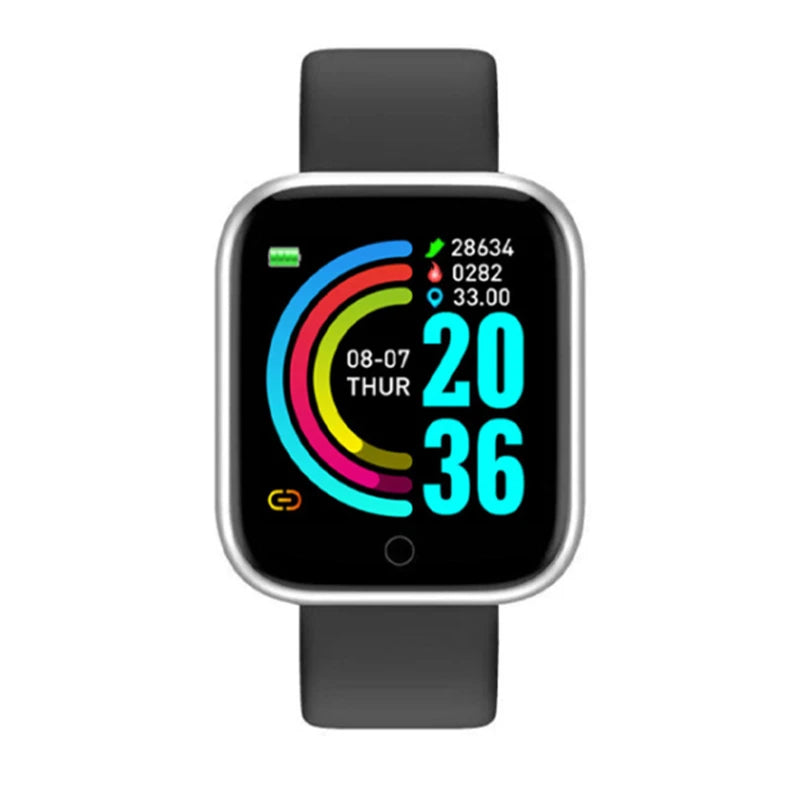 R.E.D. Shopping Bluetooth smart watch with fitness tracker, music control, and calorie monitor, displaying digital screen and wristband.