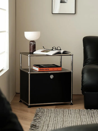 Stainless steel metal nightstands with storage cabinets, modern bedroom furniture by R.E.D. Shopping, suitable for living room or bedroom.