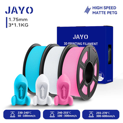 JAYO PETG/High Speed Matte PETG 3D Printing Filament 1.75MM Mix-Colors & No bubbles &Non-toxic For 3D Printer & Pen 3Rolls