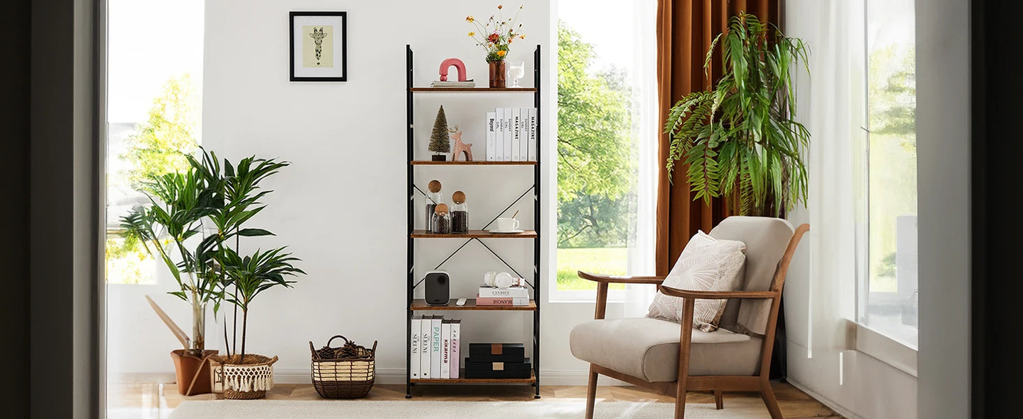 JHK 5-Tier Bookcase Bookshelf | Metal Frame Storage Organizer