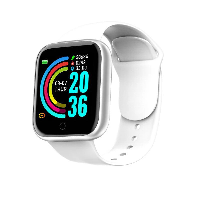 R.E.D. Shopping Y68/D20 smartwatch showing digital display, fitness tracker, sleep monitor, and music control features on a wrist.