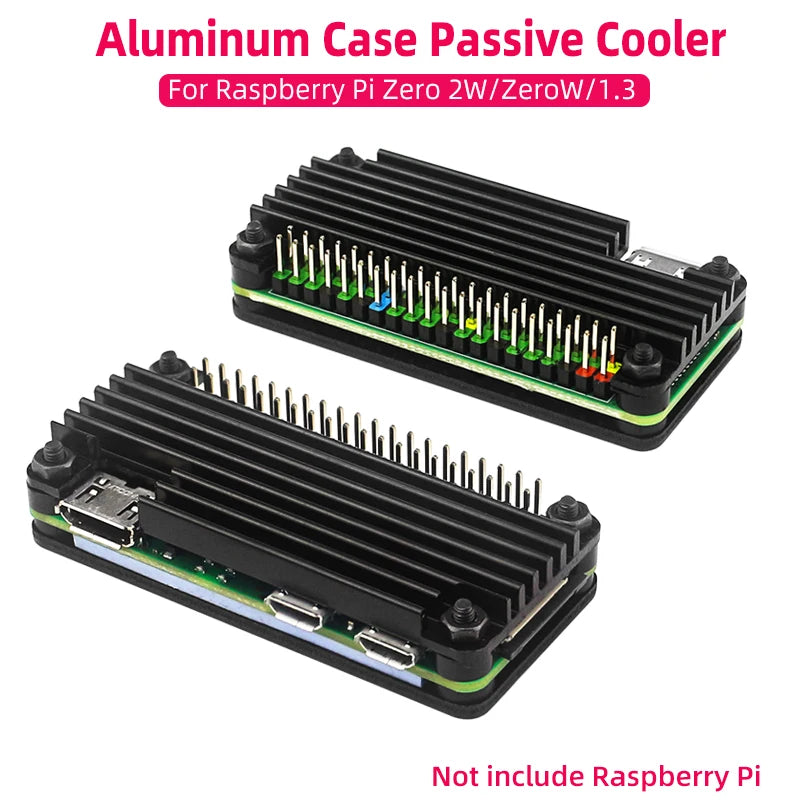 Raspberry Pi Zero 2 W aluminum case with passive heatsink and GPIO pin header, designed for cooling and protection of single-board computer.