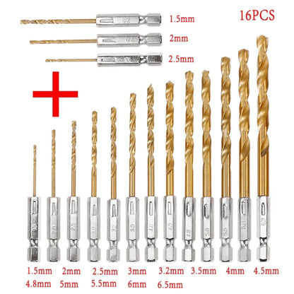 13/16-Piece HSS Titanium Coated Drill Bit Set – 1/4" Hex Shank 1.5–6.5mm