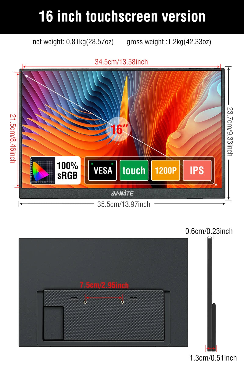 Anmite Portable Monitor 14"/16" – 1920x1200 IPS HDR10, Touch Screen, for Xbox/PS4/PS5/Switch/PC/Laptop