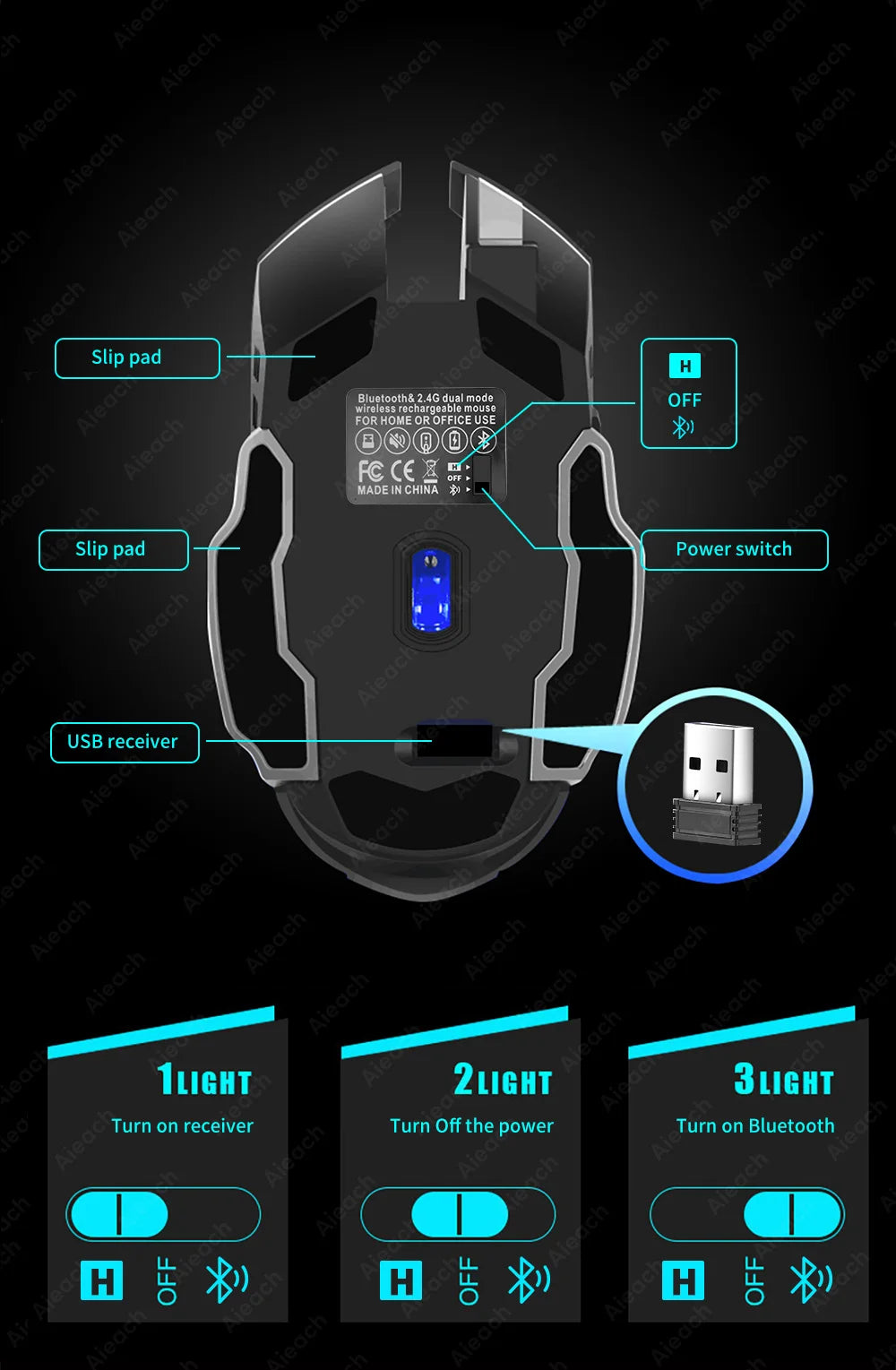 AIEACH Bluetooth Wireless Gaming Mouse – Rechargeable, RGB Backlight, E-Sports Style for PC