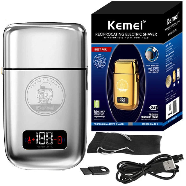 Kemei Km-Tx3 electric gold metal reciprocating shaver with USB charging for hair styling and anti-pinch safety feature.