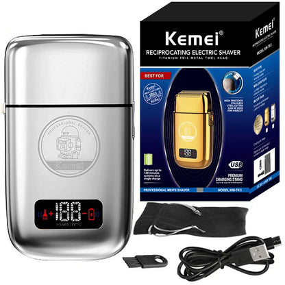 Kemei Km-Tx3 electric gold metal reciprocating shaver with USB charging for hair styling and anti-pinch safety feature.