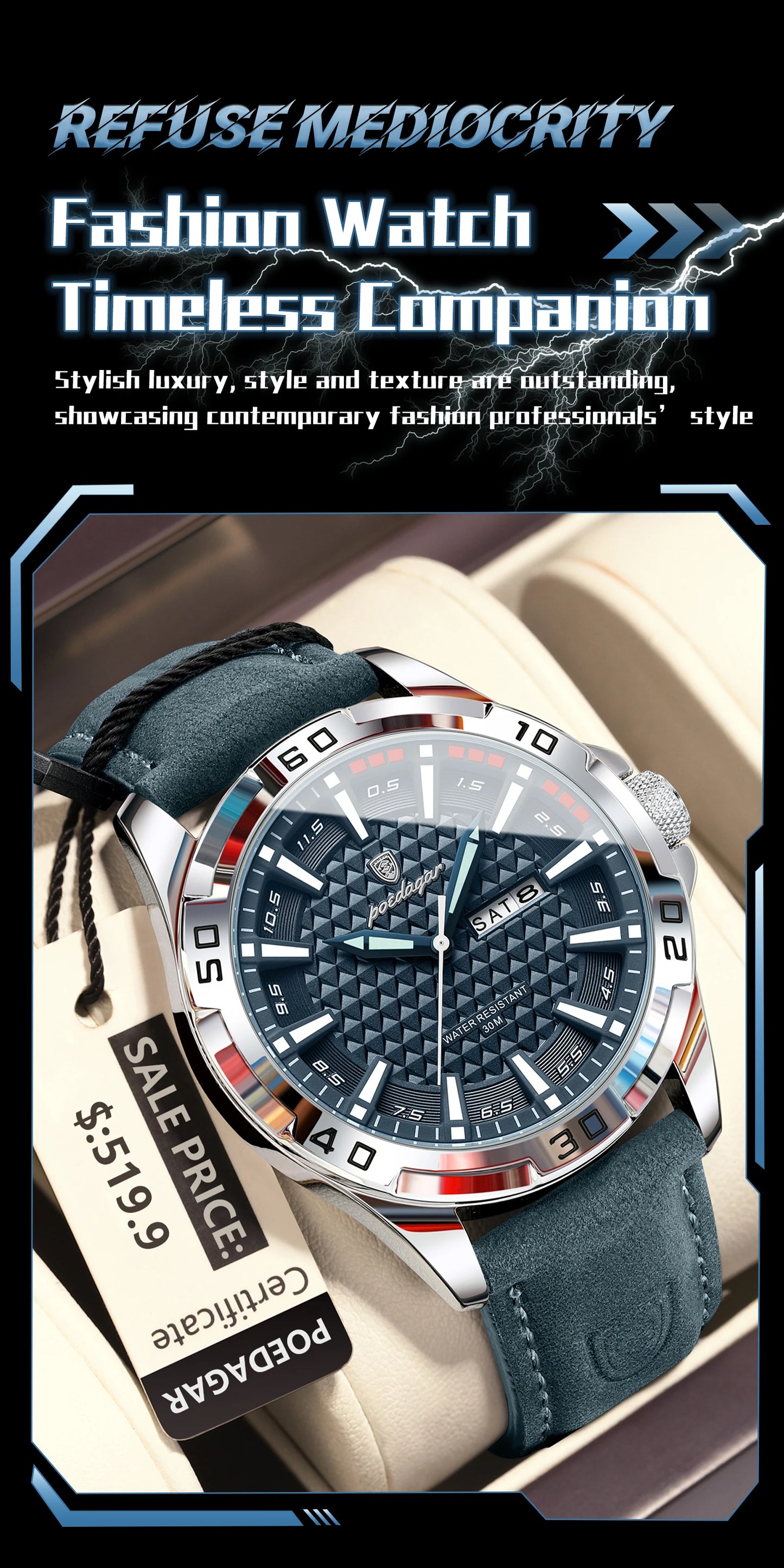 POEDAGAR Men's Luxury Wristwatch – Waterproof, Luminous, Date & Week Display, Quartz Sport Leather