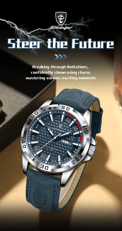 POEDAGAR Men's Luxury Wristwatch – Waterproof, Luminous, Date & Week Display, Quartz Sport Leather