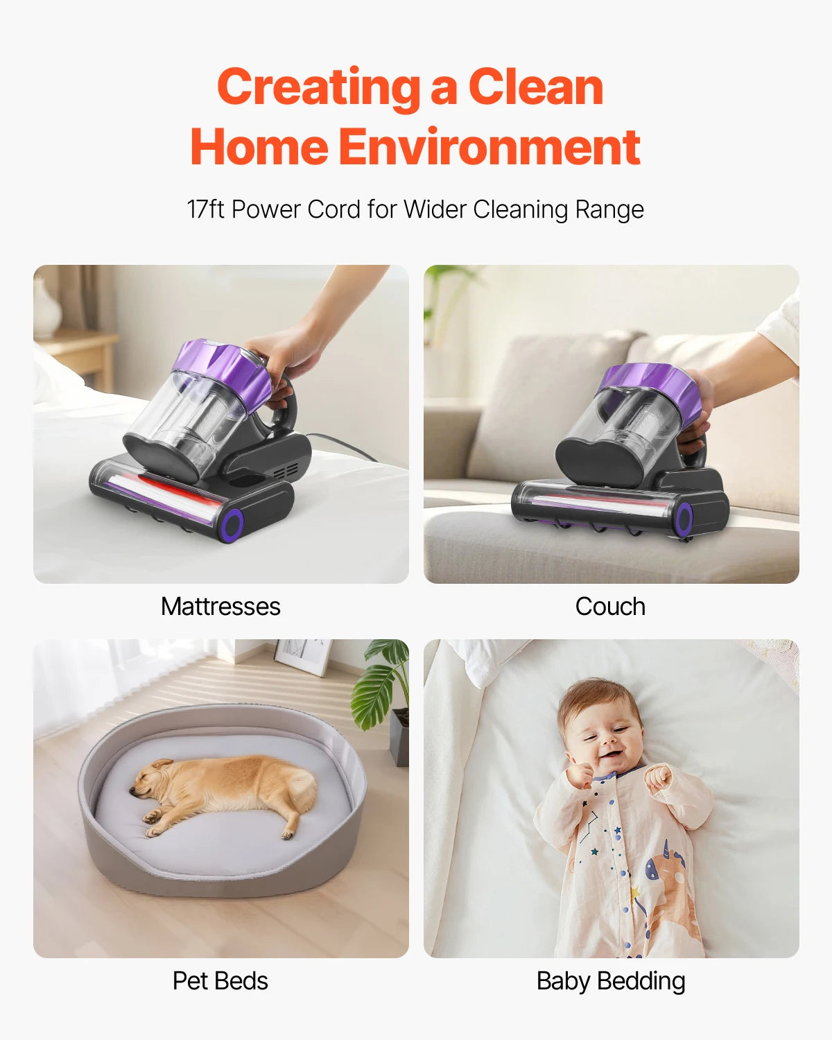 SucceBuy Mattress Vacuum Cleaner – 18Kpa, Dual Dust Bin, HEPA Filter, Heating & Ultrasound, Handheld for Bed & Sofa