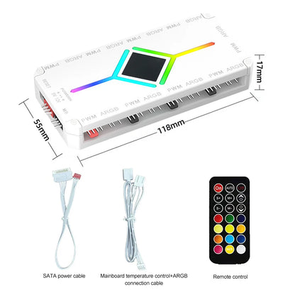 1-to-9 Port ARGB & PWM Fan Hub — Magnetic Mount, Remote Control, PC Case Fan Splitter