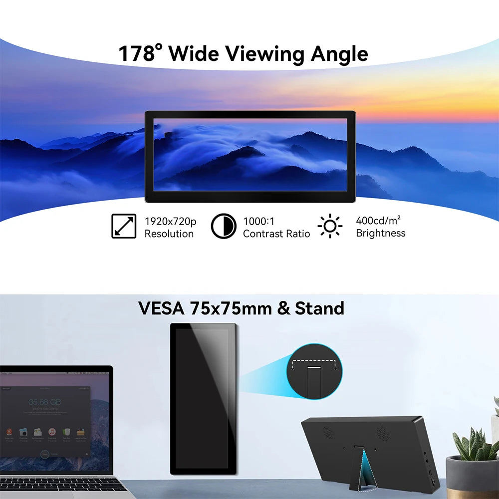 10.3" Long Strip LCD Touch Monitor – 1920x720 Secondary Display for CPU/GPU Temp, AIDA64