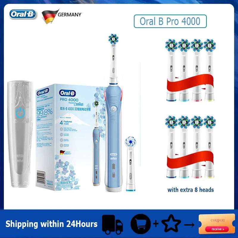 Oral-B Pro 4000 Electric Toothbrush – 3D Action, Pressure Sensor, 4 Modes, Gum Care, Waterproof
