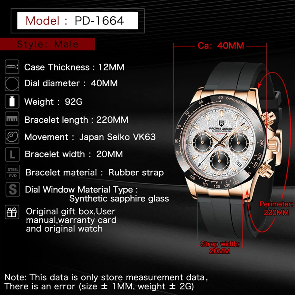 PAGANI DESIGN Men's Luxury Chronograph Watch – 100M Waterproof, Quartz Sport Wristwatch, Gift