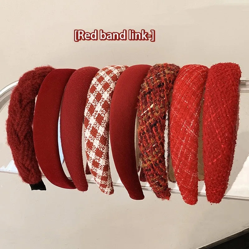 Red Christmas fashion headband with vintage wool style, festive cloth hair accessory for holiday seasonal wear.