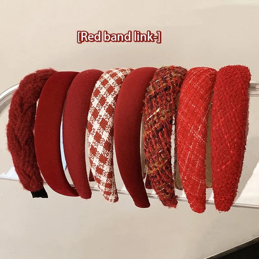 Red Christmas fashion headband with vintage wool style, festive cloth hair accessory for holiday seasonal wear.
