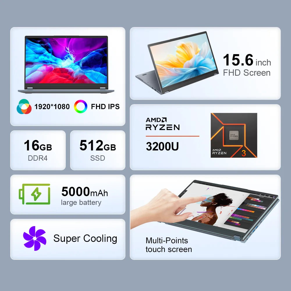 Ninkear YBOOK 15 2-in-1 Laptop – 15.6" 360° Touchscreen, AMD, 16GB, 512GB, Win11