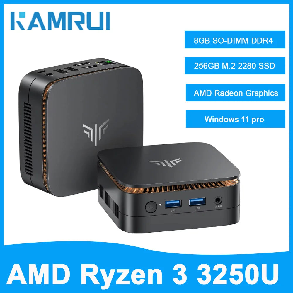 KAMRUI E1 Mini PC – AMD Ryzen 3 3250U, 8GB DDR4, 256GB SSD, Windows 11 Pro, 4K Support