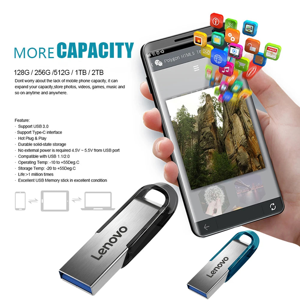 Lenovo high-speed USB 3.0 flash drive with 2TB capacity, waterproof metal design, suitable for computer data storage.