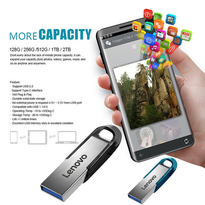 Lenovo high-speed USB 3.0 flash drive with 2TB capacity, waterproof metal design, suitable for computer data storage.