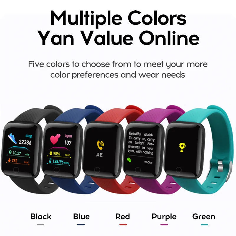 R.E.D. Shopping 116Plus Smart Watch with fitness tracker, heart rate monitor, and sleep tracking displayed on screen.