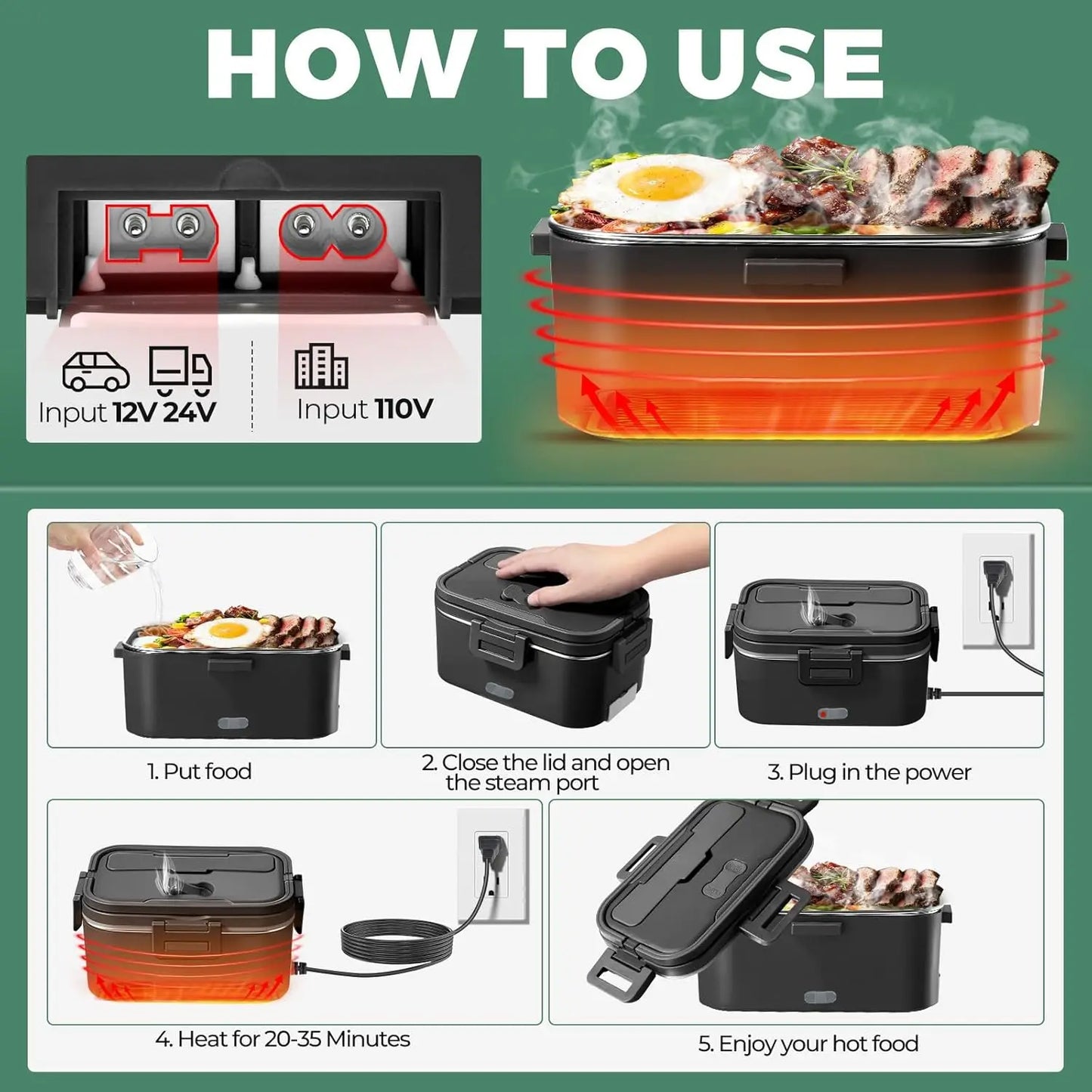 Electric Heated Lunch Box – 100W, 1.8L, 12V/24V/110V for Home, Car & Truck