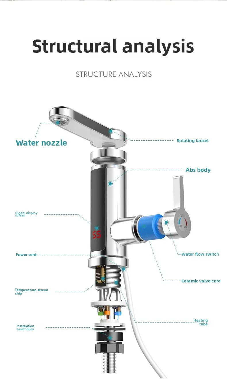 Tankless electric water heater for kitchen faucet with digital display, 220V instant hot water tap by R.E.D. Shopping.