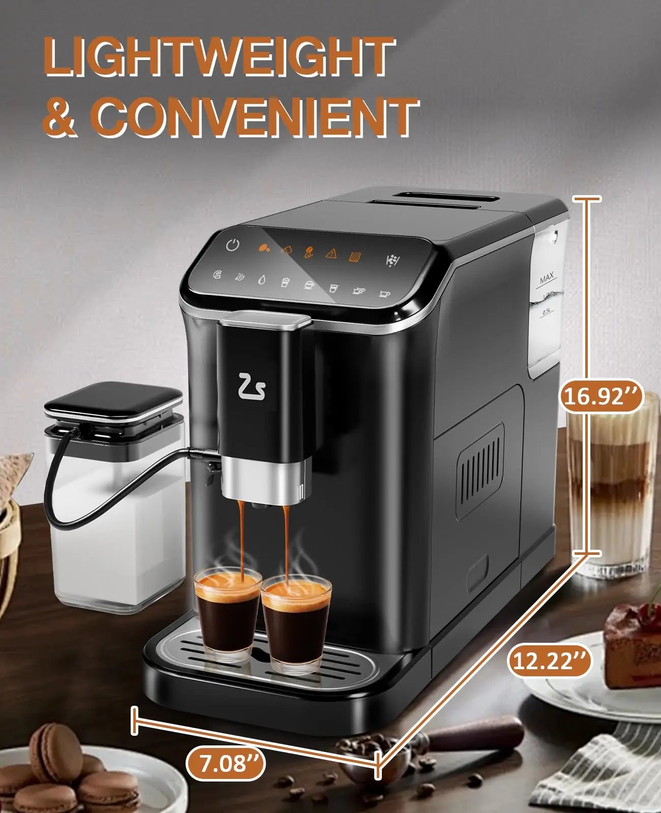 20 Bar Fully Automatic Espresso Machine – Built-in Grinder, Milk Frother, 6 Recipes, 1.5L Tank