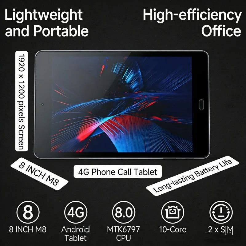 Glavey 8" 4G Phone Call Tablet – Android 8.0, MTK6797 10-Core, 3GB+32GB, Dual SIM, 5500mAh