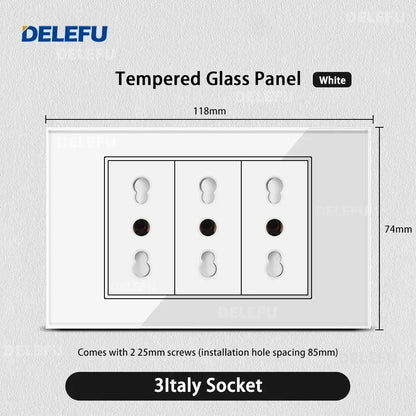 DELEFU Tempered Glass Wall Socket with USB-C Fast Charging – Schuko/Italy