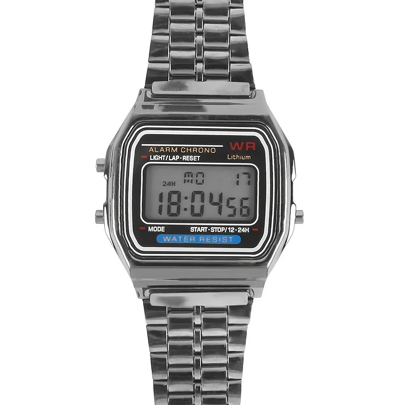 F91W LED Digital Sports Watch - Steel Band, Multi-Function, Unisex Business & Casual Clock