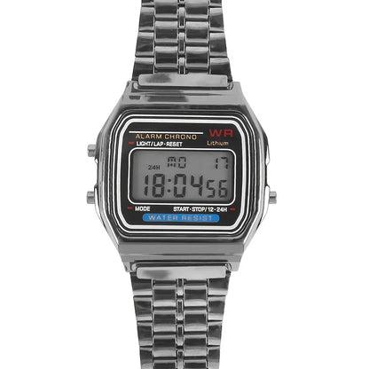 F91W LED Digital Sports Watch - Steel Band, Multi-Function, Unisex Business & Casual Clock