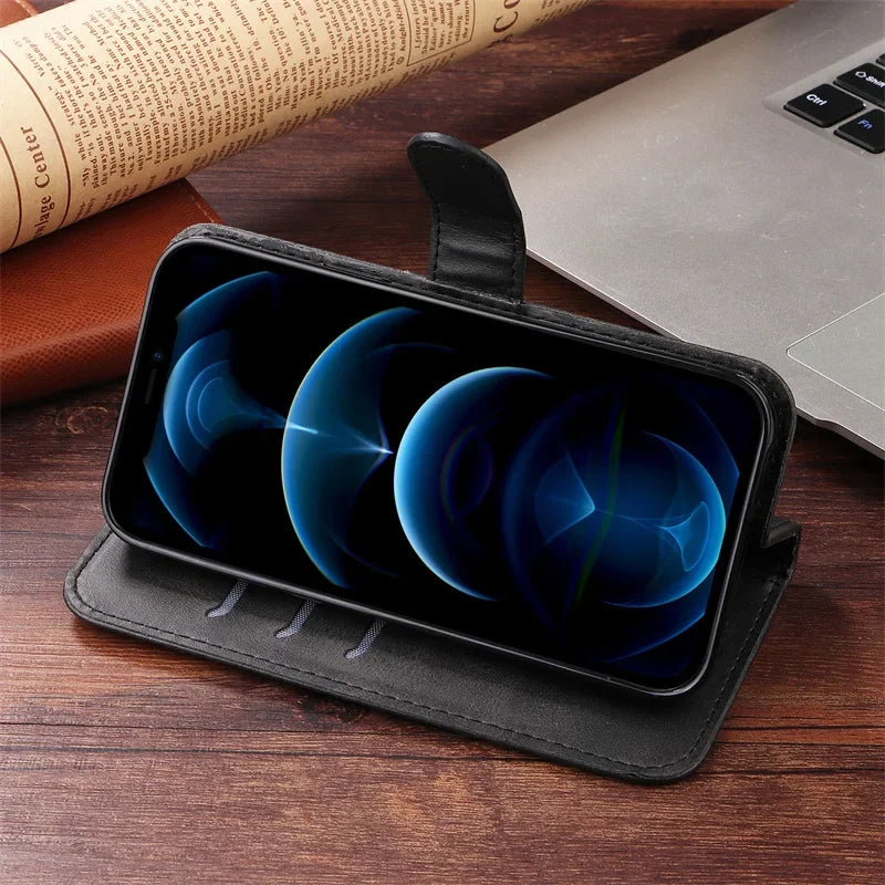Leather iPhone 16 Plus zipper wallet case with card slots and magnetic stand, offering stylish protection and convenience.
