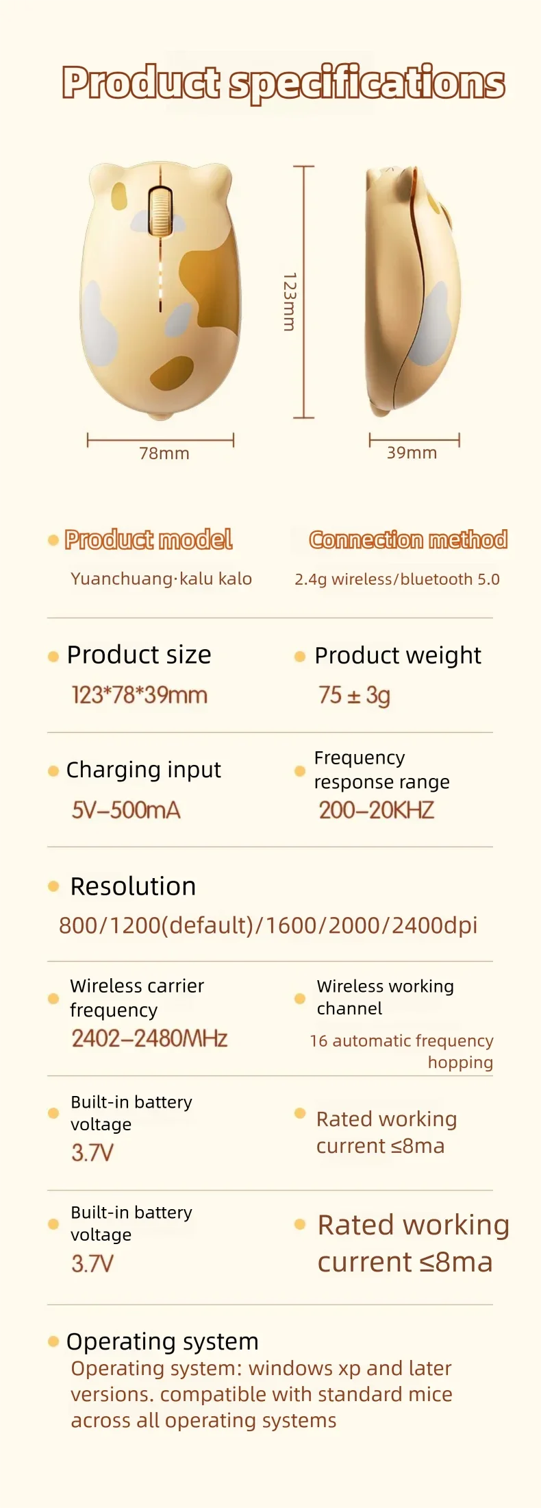 INPHIC Kalo Cute Cat Bluetooth Wireless Mouse – Silent, 2400 DPI, Rechargeable, for PC & iPad